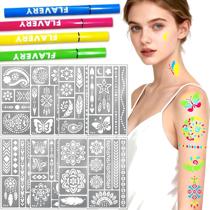 Temporary Tattoo Markers for Skin, 4PCS UV Neon Body Markers + 8 Sheets Temporary Tattoo Stencil for Kids Adult, Flexible Brush Tip, Glow in the Dark Cosmetic Tattoo Pen, DIY Body Art Set