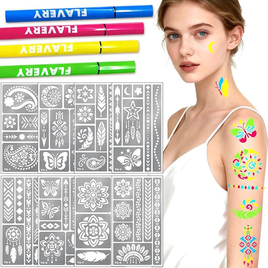 Temporary Tattoo Markers for Skin, 4PCS UV Neon Body Markers + 8 Sheets Temporary Tattoo Stencil for Kids Adult, Flexible Brush Tip, Glow in the Dark Cosmetic Tattoo Pen, DIY Body Art Set