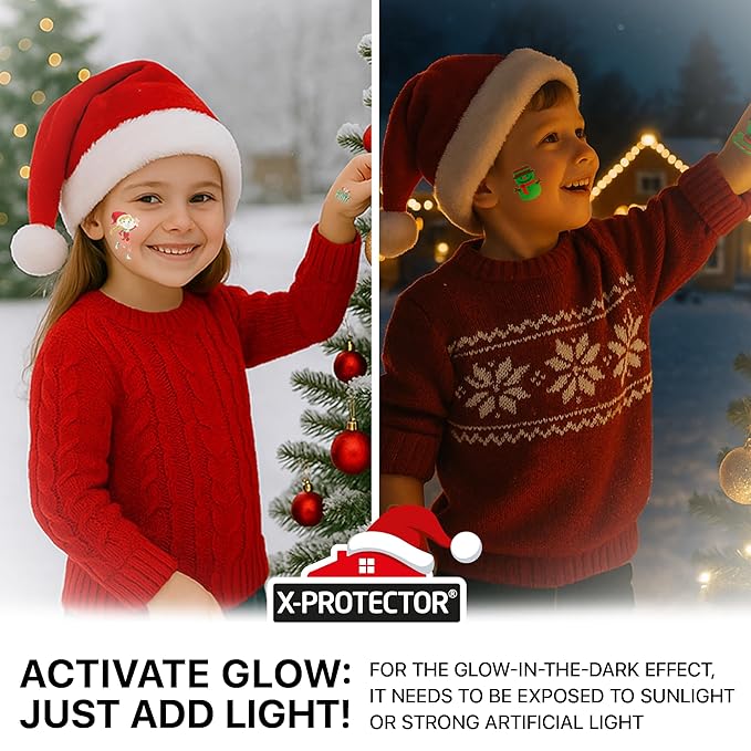 X-Protector Сhristmas Tattoos for Kids - 10 Sheets of Temporary Tattoos - Fake Сhristmas Tattoos Gifts - Glow in the Dark Stickers - Bulk Christmas Stocking Stuffers for Kids!