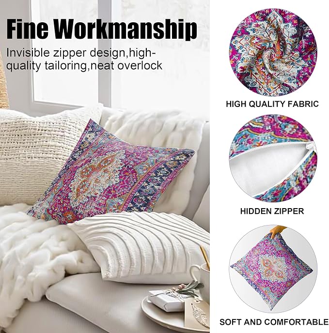 Boho Throw Pillow Covers 22x22 inch Set of 2,Soft Pillowcases Bohemia Carpet Printing Pattern Decorative Sofa Living Room Bed Square Pillow Case Cushion Cover-Purple