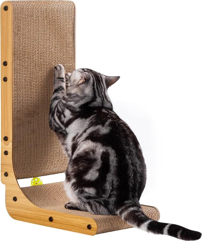 Poils bebe L Shape Cat Scratcher, 26.8 Inch Cat Scratchers for Indoor Cats | Protecting Furniture Cat Scratch Pad, Cardboard Cat Scratching with Ball Toy, Catnip, Large