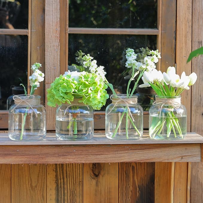 Houmury Glass Vases for Centerpieces Set of 4 Farmhouse 6 Inch Clear Large Vase Utensils Holder with Twine Ties Home Decor for Wedding Living Room Dining Table Office (4)