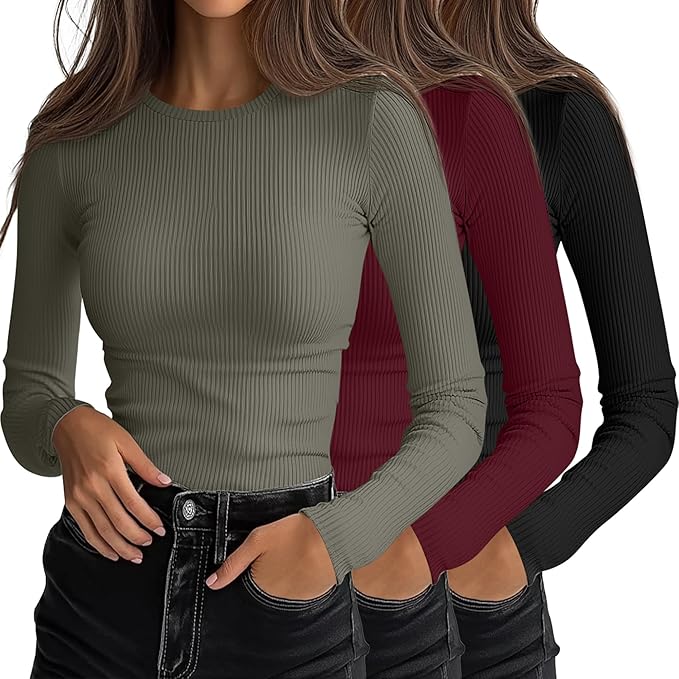 Ficerd 3 Pack Women's Ribbed Long Sleeve Tops, Crew Neck Slim Fit Undershirts Knit Basic Casual Stretch Layering Tee Shirts