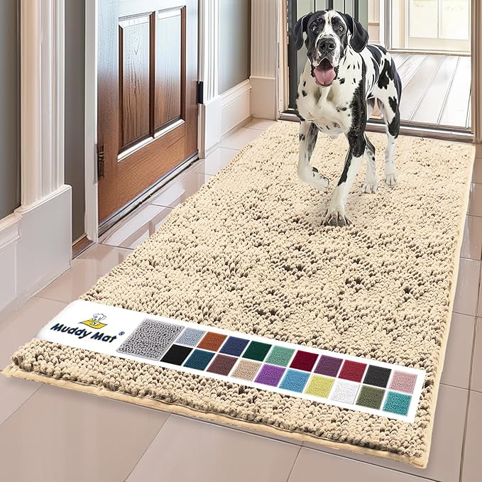 Muddy Mat® | Super Water Absorbent Door Mat Indoor, Microfiber Quick Dry Chenille Entryway Rug, Slip Resistant Front Door Mat, Indoor Mats for Entryway, Machine Washable Pet Rug, Beige 3ft x 8ft