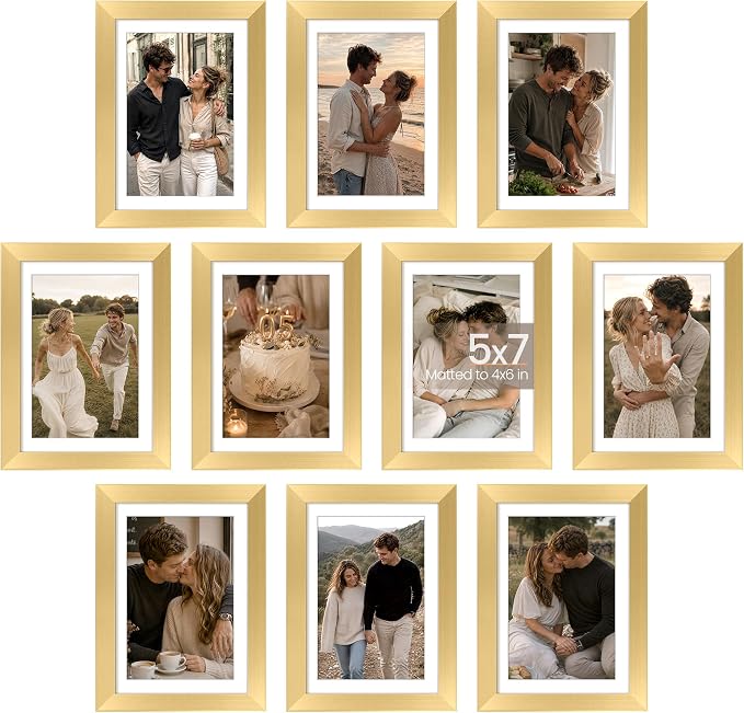 upsimples 5x7 Picture Frame Set of 10, Display Pictures 4x6 with Mat or 5x7 Without, Multi Photo Frames Collage for Wall or Tabletop Display, Gold | Fit 4x6 and 5 x 7 Photos, Wall or Tabletop Display, For Gallery Hallway Living Room, For Christmas Moth...