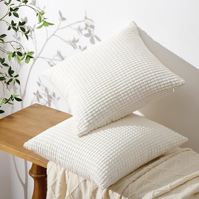 Softalker Corduroy Decorative Throw Pillow Covers 18x18, Set of 2, Cream | Soft Boho Striped Pillow Cases, Couch Fluffy Cushion Covers for Farmhouse Home Decor Bed Living Room