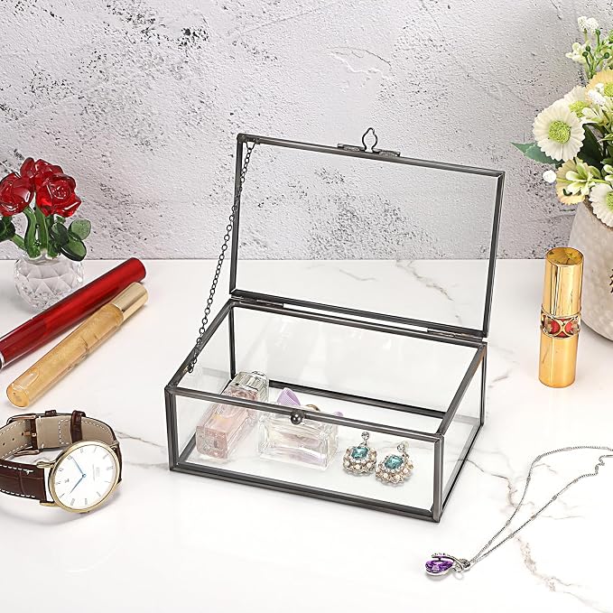 Hipiwe Vintage Glass Keepsake Box Clear Jewelry Display Lidded Box with Lid | Rectangle Glass Box Organizer for Home Decor and Storage of Trinket Rings Bracelet - Black, Small