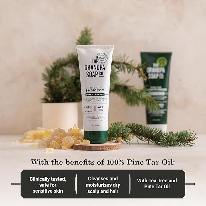 The Grandpa Soap Company Pine Tar Shampoo - Cleanses and Moisturizes Dry Scalp, With Pine Tar and Tea Tree Oil, All Hair Types, Vegan, Sulfates and Parabens Free, 8 Fl Oz