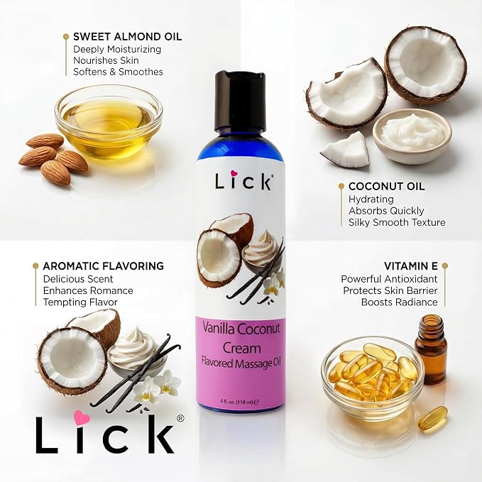 Lick Vanilla Coconut Cream Flavored Massage Oil – Sweet Tropical Edible Massage Oil with Vitamin E, Smooth Body-Safe Glide for Couples Massage & Sensory Date Nights, 4 oz