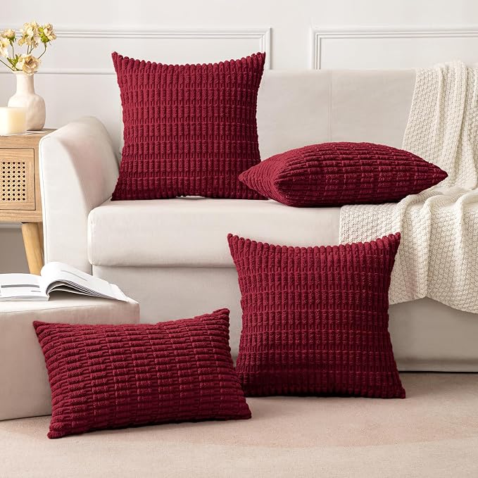 MIULEE Lumbar Corduroy Decorative Throw Pillow Covers 12x20 Burgundy | Pack of 2 Soft Boho Striped Pillow Covers Modern Farmhouse Home Decor For Sofa Living Room Couch Bed