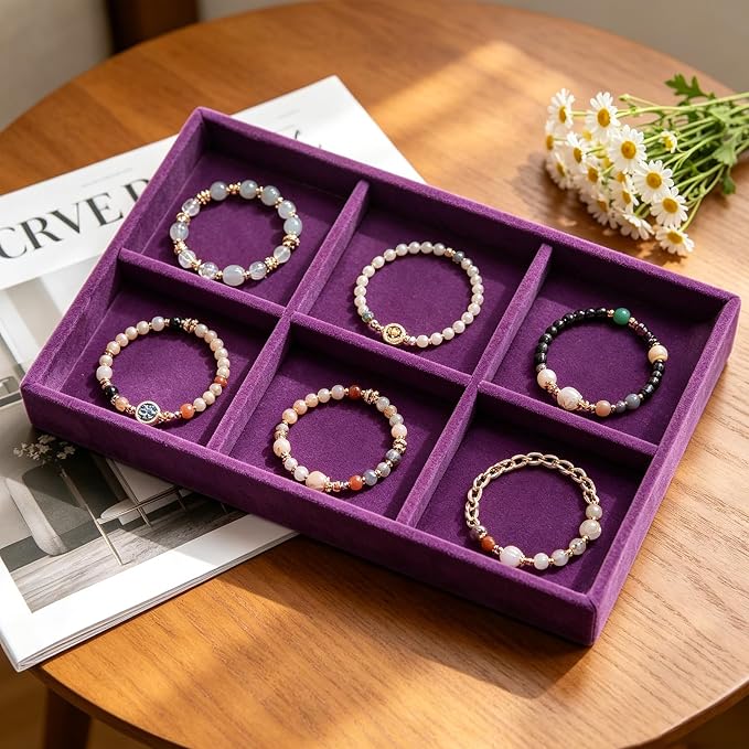 Velvet Jewelry Trays for Drawers, Purple Stackable, 6 Grids | Jewelry Drawer Organizer Inserts, Ring Earring Necklace Bracelet Holder Organizer Display Tray with Removable Dividers