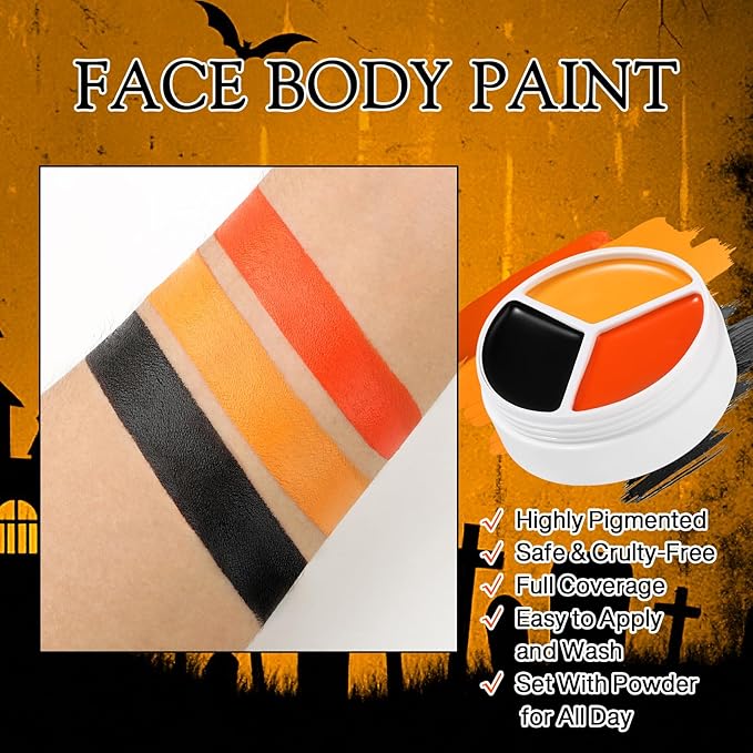 Black Yellow Orange Face Body Paint Pumpkin Halloween Makeup, CreamBlendable Facepaint Non-Toxic for Kids Adults Scarecrow Clown Tiger Lion Costume SFX Cosplay Bodypaint Looks Sport Colored Eye Black
