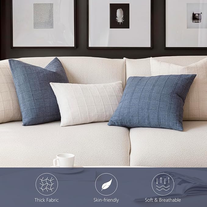 Foindtower Set of 2 Decorative Linen Check Throw Pillow Covers Neutral Farmhouse Lumbar Cushion Covers Modern Coastal Boho Home Decor for Sofa Chair Couch Bedroom Living Room,12×20 Inch,Blue