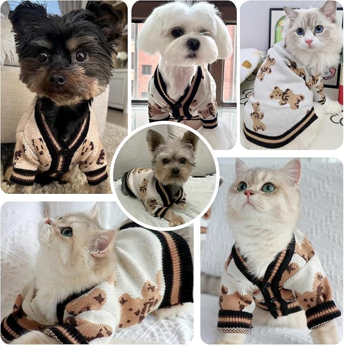 ABRRLO Small Dog Sweaters Cute Bear Dog Cardigans Clothes for Small Medium Dogs Boy Girl Puppy Cat Knitting Cardigan Outfits Dogs Winter Coats Warm Pet Doggy Clothes Soft Knitwear Apparel (Beige,XS)