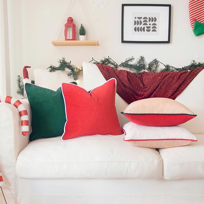 MONDAY MOOSE Christmas Decorative Throw Pillow Covers Cushion Cases, Set of 4 Soft Velvet Double-Sided Designs, Mix and Match for Home Decor, Pillow Inserts Not Included (22x22 inch, Red/Green)