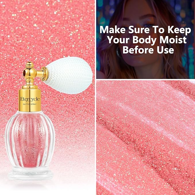 Etercycle Glitter Spray for Hair and Body, Pink Extra Fine Face Shimmer Powder, Shiny Fine Glitter Beautiful Face Makeup Glitter for Rave Accessories Easter Christmas Halloween Clothes