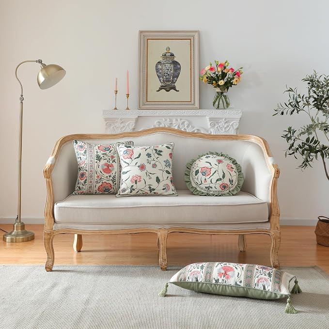 Designer Linen Throw Pillow Cover,Set of 2,18"x18"-Estevan A | Vintage French Elegant Square Pillow Cover,Concealed Zipper Design,Floral Pattern,Sofa,Bedroom,Living Room,Lounge Chairs