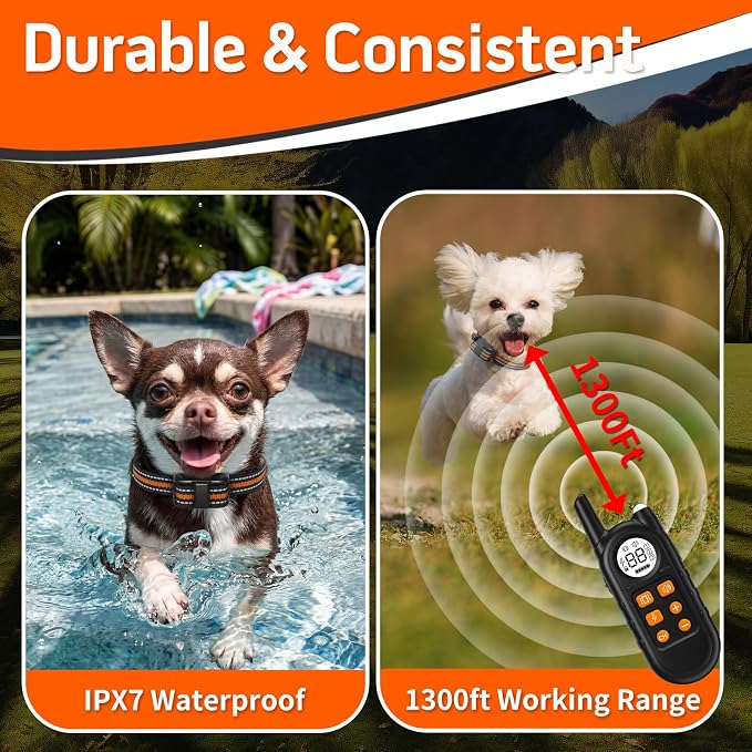 Lightweight Dog Training Collar with Remote for Small Dogs 5–15 lbs, Medium & Large Dogs, 1300FT Range, Waterproof, Rechargeable Training Device (Orange)