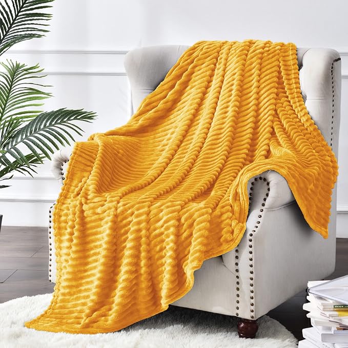 BEDELITE 3D Ribbed Mustard Yellow Fleece Twin Blanket for Bed, 60x80 Inch | Soft Warm Decorative Fluffy Blanket, Cozy Plush Lightweight Fuzzy Throw Blanket for Couch Sofa Room Decor, Gift for Women