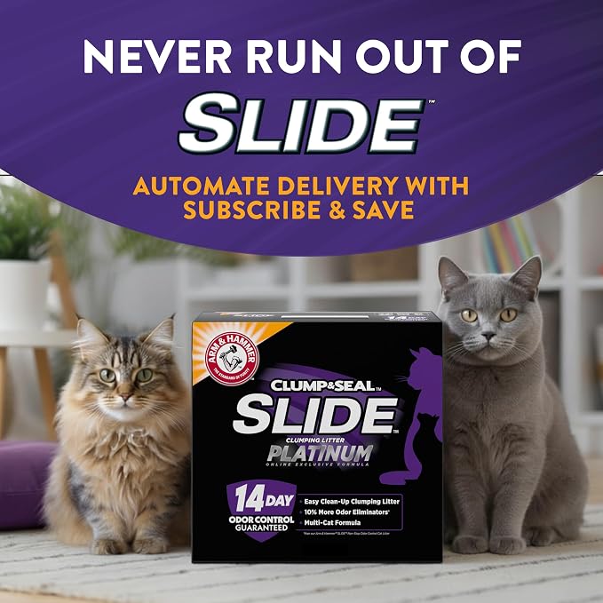 ARM & HAMMER Slide Platinum Easy Clean-Up Clumping Cat Litter, 18 lbs | 24/7 Odor Control, Triple-Action Freshness, Non-Stick, Low Tracking, 99.9% Dust Free, Multi-Cat Formula, Scented