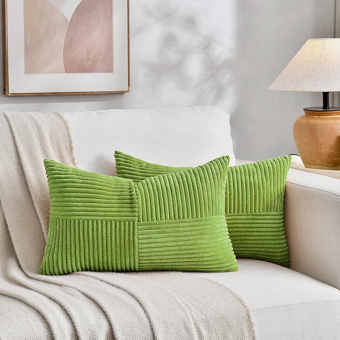 Fancy Homi Set of 2 Lime Green Lumbar Decorative Throw Pillow Covers 14x22 Inch for Living Room Bedroom Couch Bed Sofa, Soft Striped Corduroy Modern Rectangle Accent Cushion Case 35x55 cm