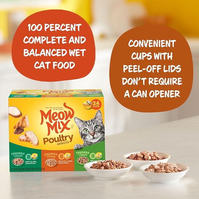 Meow Mix Poultry Selects, Wet Food Variety Pack, 24 Cups