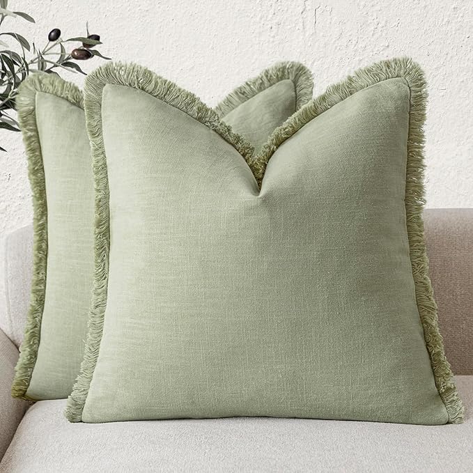 Foindtower Set of 2 Decorative Linen Fringe Throw Pillow Covers Boho Farmhouse Cushion Cover with Tassels Soft Accent Pillowcase for Couch Sofa Bed Living Room Home Decor,24×24 Inch,Light Sage Green