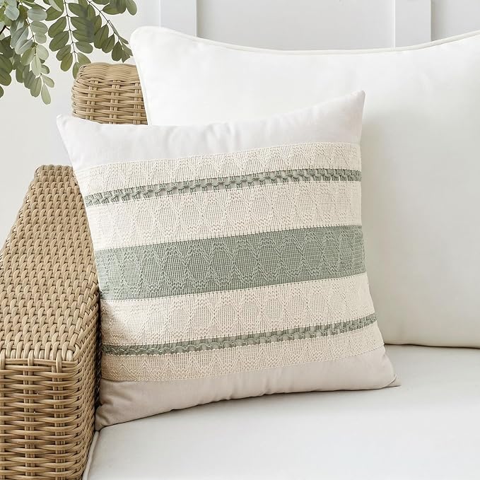 Fancy Homi Set of 2 Sage Green Boho Decorative Throw Pillow Covers 18x18 Inch for Living Room Bedroom Couch Bed Sofa Chair, Rustic Retro Cushion Case 45x45 cm, Bohemian Room Home Decor
