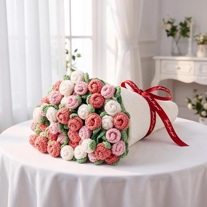 Pink Rose Crochet Flower Bouquet Blanket 43 Inch Throw 60 Rose Flowers | Gift Bag, Writable Card, Machine Washable, Hand-Crocheted Pink Roses, Ready for Birthdays, Holidays, or Anniversaries.
