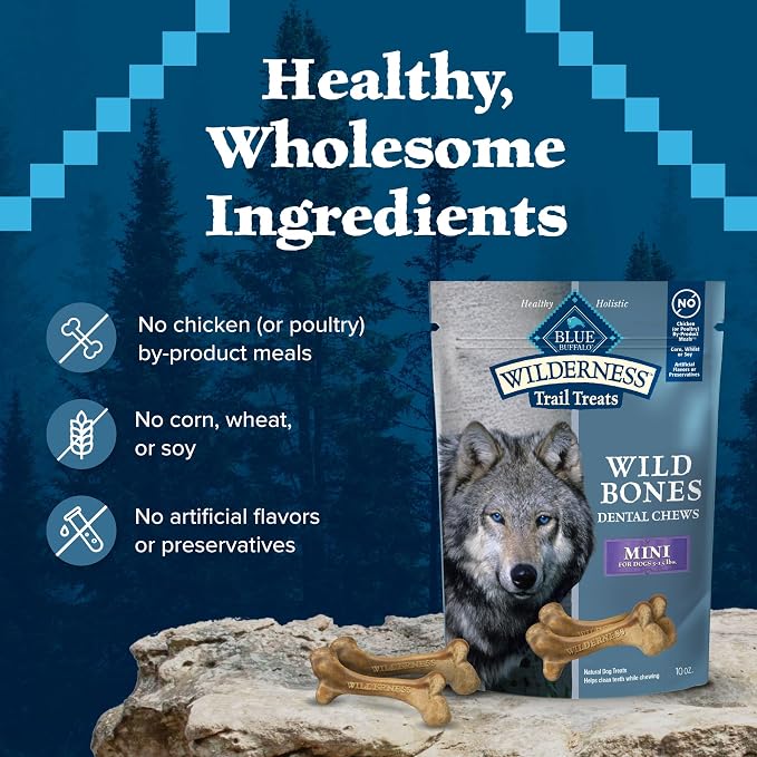 Blue Buffalo Wilderness Mini Dog Dental Chews, Grain-Free, 10 oz | Reduces Tartar & Plaque, Freshens Breath, Sized for Dogs 5-15 lbs., No Artificial Preservatives
