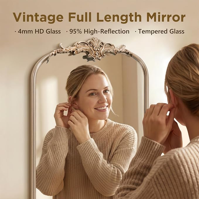 Besdomus Vintage Mirror Full Length: 21"x56" Champagne Arched Body Mirrors | French Floor Standing Metal Framed - Antique Baroque Traditional Ornate - Ideal for Foyer/Cloakroom/Bedroom/Dressing Room