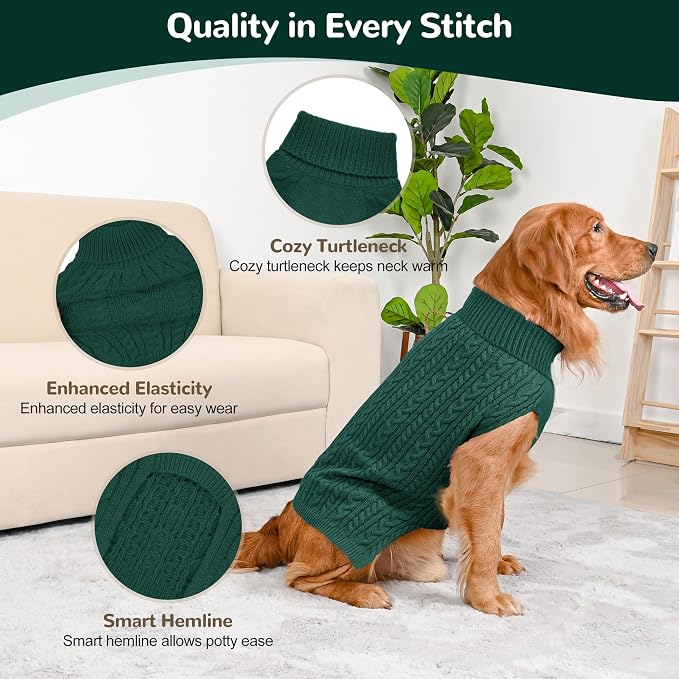 Dog Sweater 2 Pack for Large Dogs, Size XL, Green & Brown | Stretchy cable knit turtleneck, machine washable, high belly cut, comfy winter fit for English Bulldog, Boxer