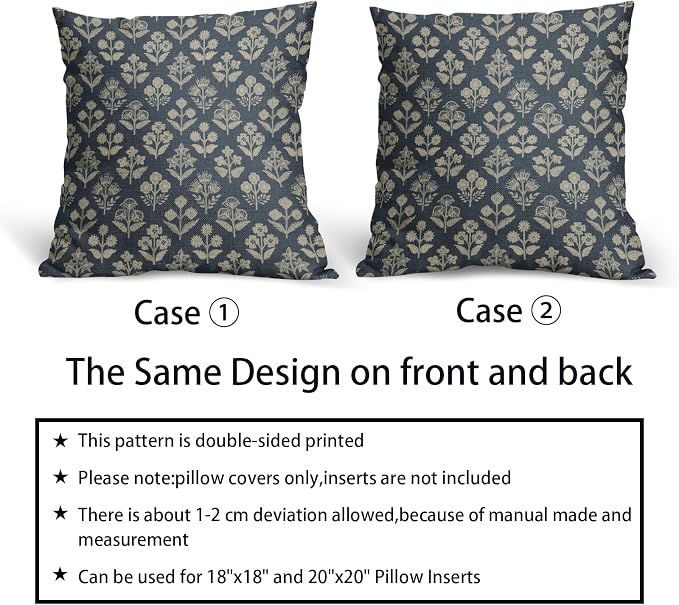 Dusty Blue Floral Block Print Pillow Covers 20x20 Inch Set of 2, Vintage Flower Pattern Decorative Throw Pillowcases Outdoor Farmhouse Cushion Covers Spring Summer Rustic Sofa Couch Bed Decor