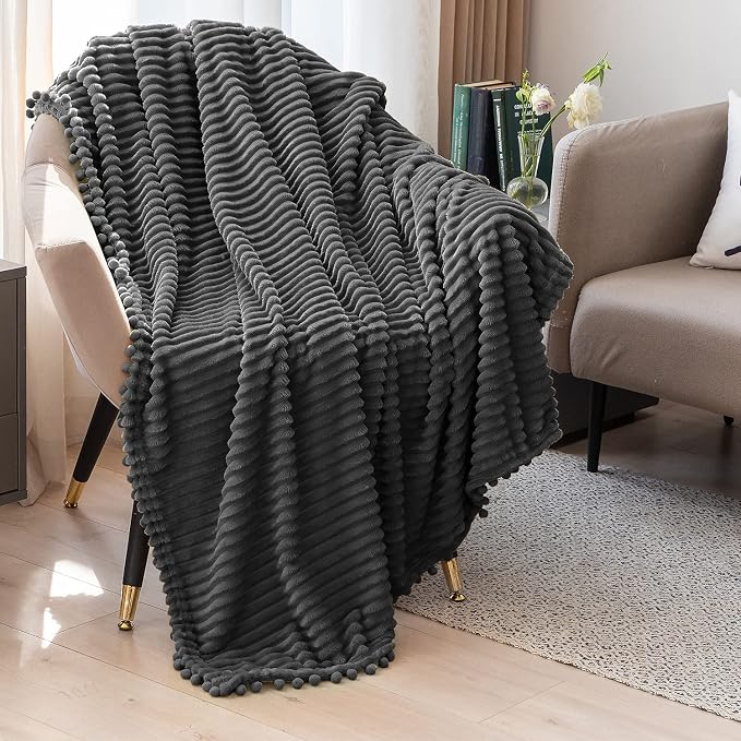 DISSA Fleece Blanket Throw Size – 51x63, Dark Grey – Soft, Plush, Fluffy, Fuzzy, Warm, Cozy – Perfect Throw for Couch, Bed, Sofa - with Pompom Fringe - Flannel Blanket Throw Blanket