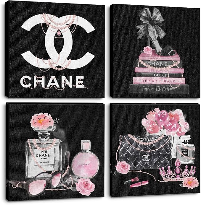 Framed 4 Pcs Pink Fashion Canvas Wall Art Black and White Wall Decor | Aesthetic Posters Art Prints Artwork Pink Pictures for Women Teen Girls Room Bedroom Apartment Vogue Office Decor 8x8 inches