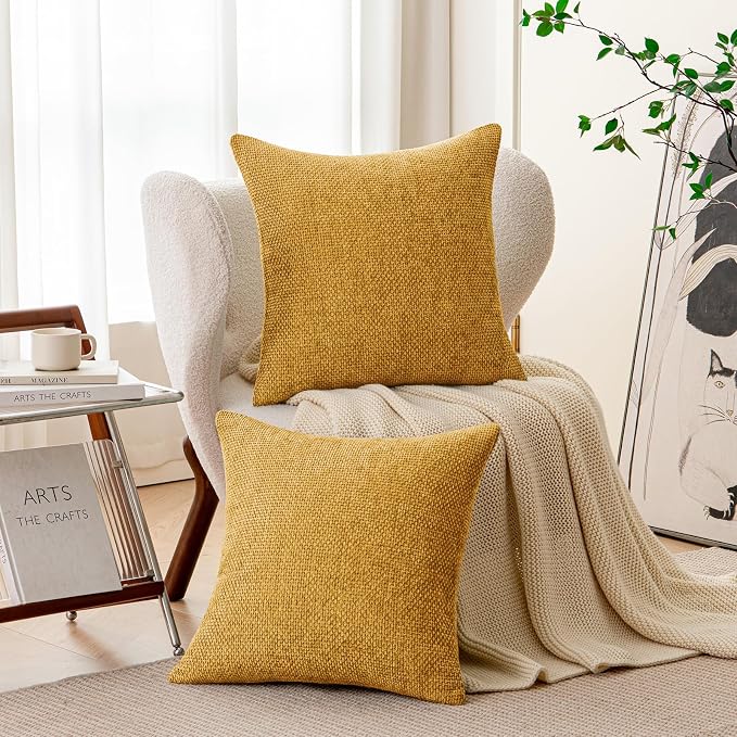 a moment Mustard Yellow Chenille Throw Pillow Covers 20x20 Inch Pack of 2 Modern Decorative Throw Pillow Covers Farmhouse Cross Covers Home Decor for Sofa Bedroom Living Room