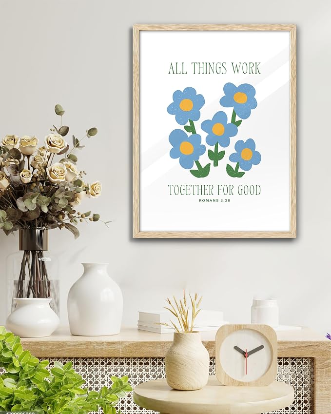 EcoHest 16x20 in Romans 8:28 All Things Work Blue Floral Christian Wall Art | Solid Oak Wood Frame with Canvas Wall Art, Scripture Bible Verse Decor for Bedroom, Living Room, Office, Church, 1Pack