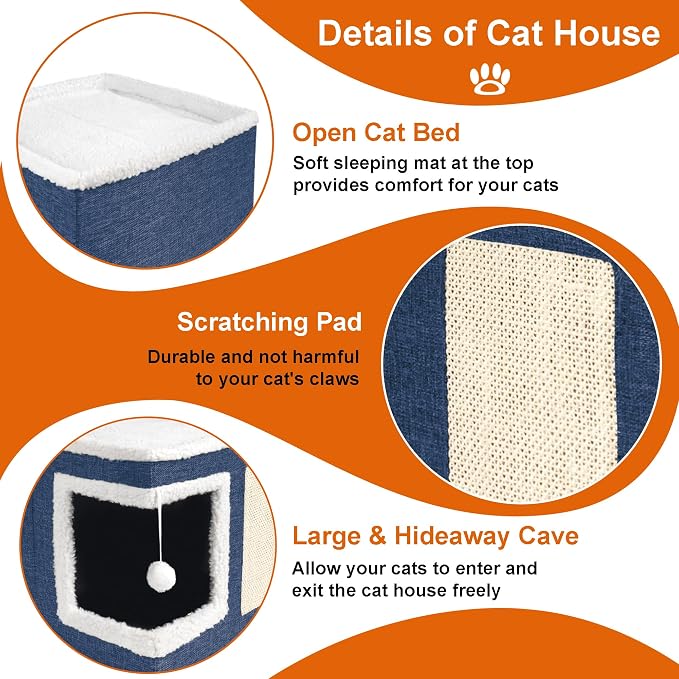 Loyareal Cat Houses for Indoor Cats - Large Cat Bed Cave with Scratch Pad and Fluffy Ball, Foldable Cat Condo Hideaway with Reversible Cushion for Multi Small Pet, Navy Blue