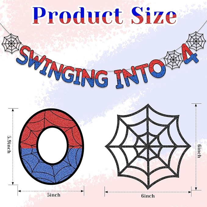 Spider Themed 4th Birthday Banner Glitter Swinging into 4 Banner Pre-strung Ghost Spider Web 4th Birthday Decorations Party Supplies for Third 4 Year Old Boys Girls Kids(4 Years)