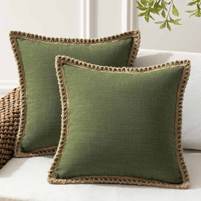 Phantoscope Pack of 2 Farmhouse Decorative Throw Cover Burlap Linen Trimmed Tailored Edges, Olive Green, 18 x 18 inches, 45 x 45 cm