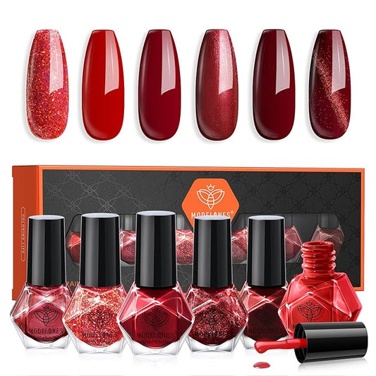 modelones Red Nail Polish Set, 6 Colors Valentines Cat Eye Dark Ruby Cherry Glitter Mini Quick Dry Nail Lacquer Kit, Magnetic Sparkle DIY Nail Art Manicure Gift for Women Girls