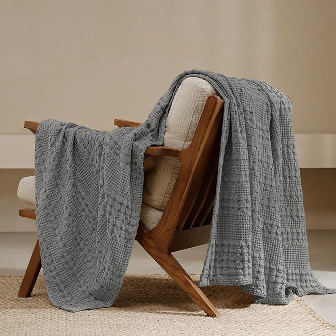 PHF 100% Cotton Waffle Weave Throw Blanket, Lightweight Breathable Summer Blanket for Couch Sofa, Pre-Washed Soft Throws for Bed, Office, Travel & Stylish Home Decor, 50"x60", Dark Grey