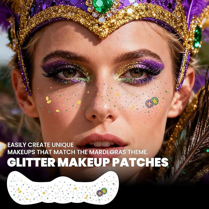 EMOME Mardi Gras Decorations, Mardi Gras Freckles Face Tattoos with Body Glitter Temporary Tattoo Stickers, Mardi Gras Costume Outfit Makeup Accessories Carnival for Women, Girls, Party Favors