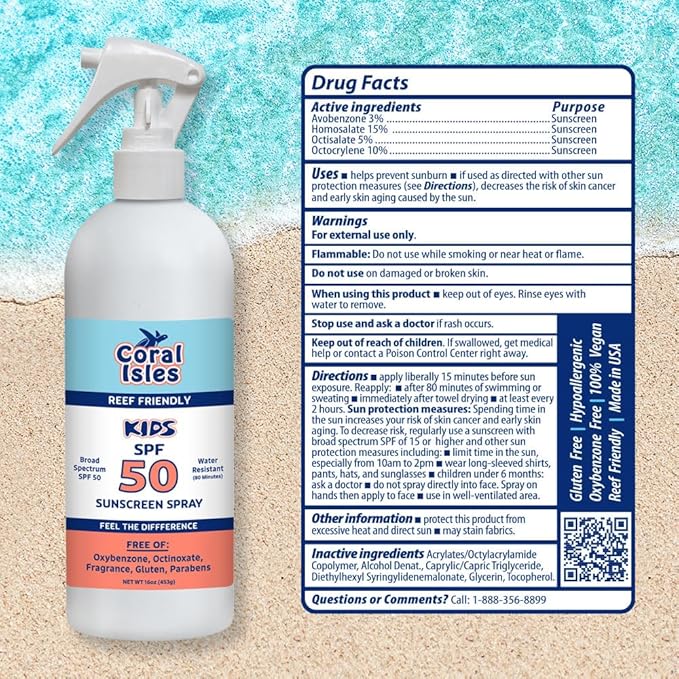 Coral Isles by Rocky Mountain Sunscreen | SPF 50 KIDS Spray | Broad Spectrum UVA/UVB Protection | Hawaii Reef-Safe Act Compliant | Oxybenzone & Octinoxate Free | Water Resistant 80 Min. | 16 Fl Oz