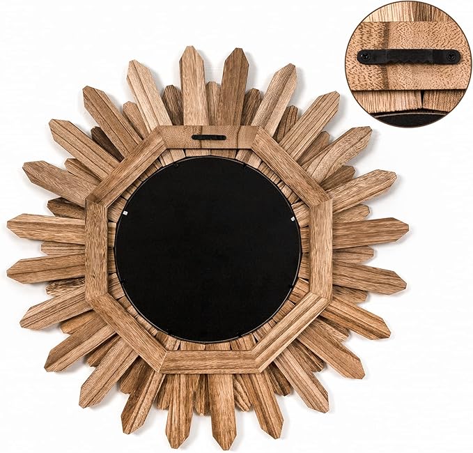 Mirror Wall Decor 21 inch Rustic Wood Boho Aesthetic Mirror for Room & Home Decor Farmhouse Wall Decor at Living Room Bedroom Carbonized Black