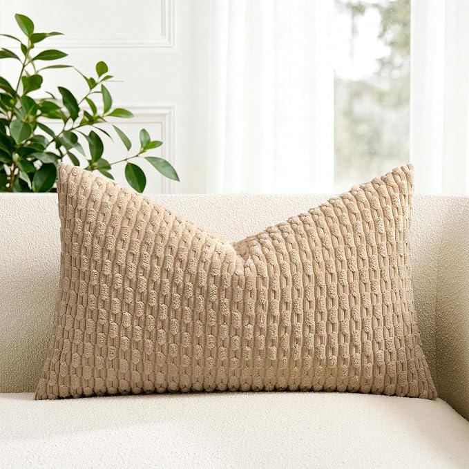 Kevin Textile Soft Corduroy 14"x24" Lumbar Pillow Cover 1 Pack, Tan | Boho Stripe Plush Corduroy Decorative Oblong Cushion Cover Modern Farmhouse Home Decor for Sofa Couch Bed Chair
