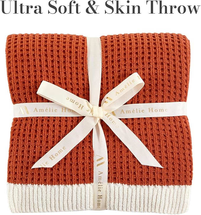 Chenille Throw Blanket, Soft Cozy Waffle Throw for Couch & Sofa, Warm Yet Lightweight, Breathable All-Season Throws for Women Men, Housewarming, Birthdays, 50"x60", Orange