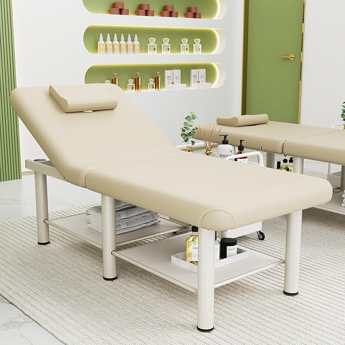 pouseayar 30.5'' Wide × 75'' Long Stationary Massage Table Folding Bed with Backrest for Treatment Table Physical Therapy Table Spa Facial Bed, Metal Frame PU Leather - Beige Gray