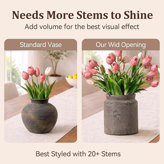 Ceramic Flower Vase 6.5 inch Farmhouse Rustic Vase for Home Decor Handcrafted Pottery Vase Small Terracotta Vases for Dining Table Fireplace Living Room Bathroom Wedding Centerpiece (S-Dark Gray)
