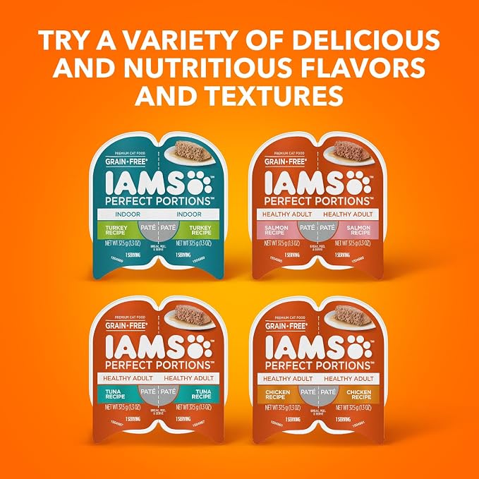 IAMS Perfect Portions Grain Free Wet Cat Food, Indoor Adult Cat Food Wet Cuts in Gravy, Chicken Recipe, (24) 2.6 oz. Twin-Pack Trays (Pack of 2)